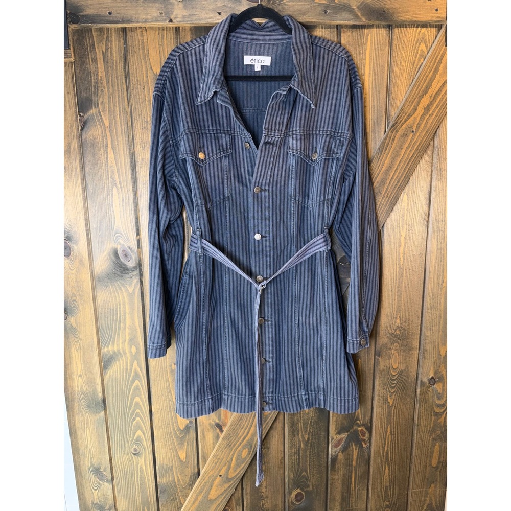 ÉTICA Joelle Jacket Denim Shirt Dress in Navy Blue Night Stripe Utility L